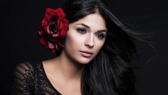 Woman roses faces brunettes black hair flower in hair red rose