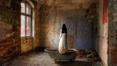 Woman ruins back view white dress black hair bathtubs