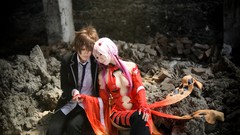 Woman ruins dress pink hair long hair guilty crown pigtails 