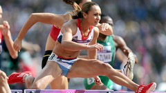 Woman running jumping jessica ennis olympics 2012 hurdle