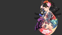 Woman samurai video games looking back Simple Background 