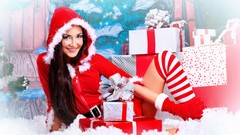 Woman santa claus striped legwear X-mas