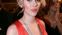 Woman Scarlett Johansson red dress cleavage necklaces