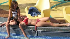 Woman screen legs teen swimming pools red bra