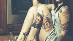 Woman Seat sitting tattoos jack daniels brunettes