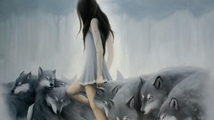 Woman sheep oil Wolves Wood black hair artwork