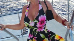 Woman ships dress sunglasses denise milani cleavage