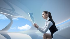 Woman shirts brunettes virtual ponytails futuristic