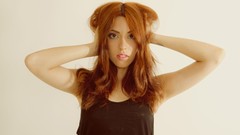 Woman shirts redheads Simple Background hands on head