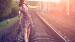 Woman Shoes dress sunlight railway brunettes train tracks