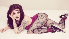 Woman Shoes tattoos brunettes fishnet stockings