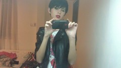 Woman short hair bangs cellphones