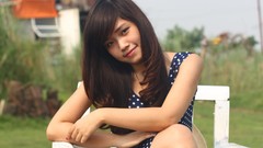 Woman sitting asians long hair brunettes