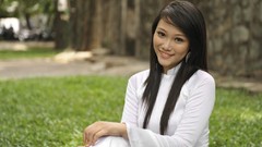 Woman sitting asians smiling long hair white dress depth of 