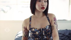 Woman sitting asians tattoos brunettes