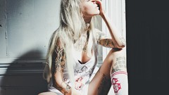 Woman sitting blondes tattoos Sara Fabel