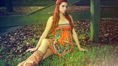 Woman sitting blue eyes models redheads Karoline Kate