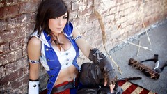 Woman sitting brunettes assassins creed 3 models cleavage 
