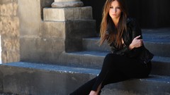 Woman sitting brunettes stairways Ashley Mulheron