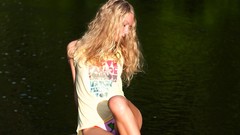 Woman sitting lakes outdoors blondes models ella non nudes legs 