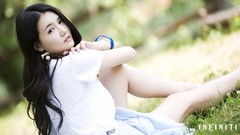 Woman sitting legs asians models Korean looking back depth of 