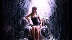 Woman sitting legs purple hair artwork fantasy art