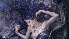 Woman skeletons blue hair long hair bra artwork fantasy art 