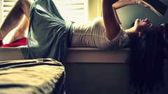 Woman skirts brunettes lying down