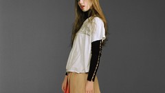 Woman skirts long hair green eyes tights standing teen 