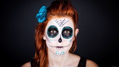 Woman skulls tattoos brunettes models spider webs flower in 