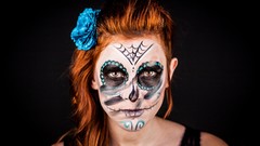 Woman skulls tattoos lingerie brown eyes models flower in hair 