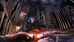 Woman Skyscrapers flood apocalyptic orange hair fantasy art 
