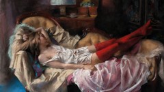 Woman sleeping paintings stockings blondes couch