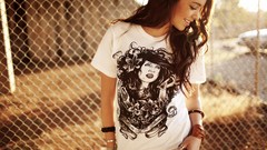 Woman smiley t-shirts sunlight smiling brunettes Taylor 