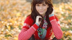 Woman smiling brunettes girls in nature sweaters