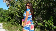 Woman smiling brunettes models cleavage boobs blue dress huge 