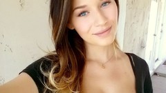 Woman smiling long hair blue eyes brunettes cleavage self shot