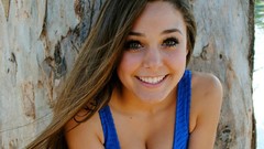 Woman smiling long hair brown eyes brunettes cleavage blue dress