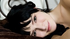 Woman smiling models black hair hazel eyes