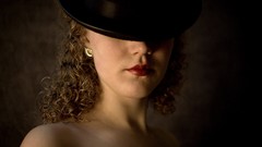 Woman smoke hats faces shoulders red lipstick curly hair