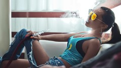 Woman smoke makeup sunglasses long hair lingerie brunettes 