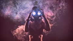Woman smoke masks gas masks exposed midriff