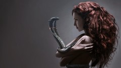 Woman snakes redheads artwork Simple Background holding boobs