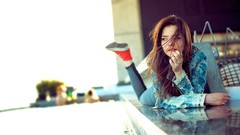 Woman sneakers jeans jackets brunettes tights lying down 