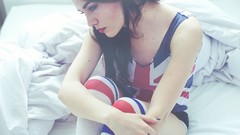 Woman socks beds indoors brunettes models