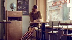 Woman socks lonely sitting skirts striped legwear miniskirts 