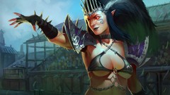 Woman spikes red eyes chains long hair cleavage artwork long 