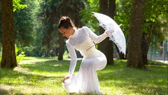 Woman spring dress lakes outdoors brunettes white dress long 