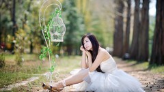 Woman spring Korea asians white dress black hair Ryu Ji Hye