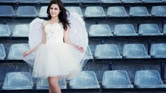 Woman stadium angels white dress models photo shoot black hair 